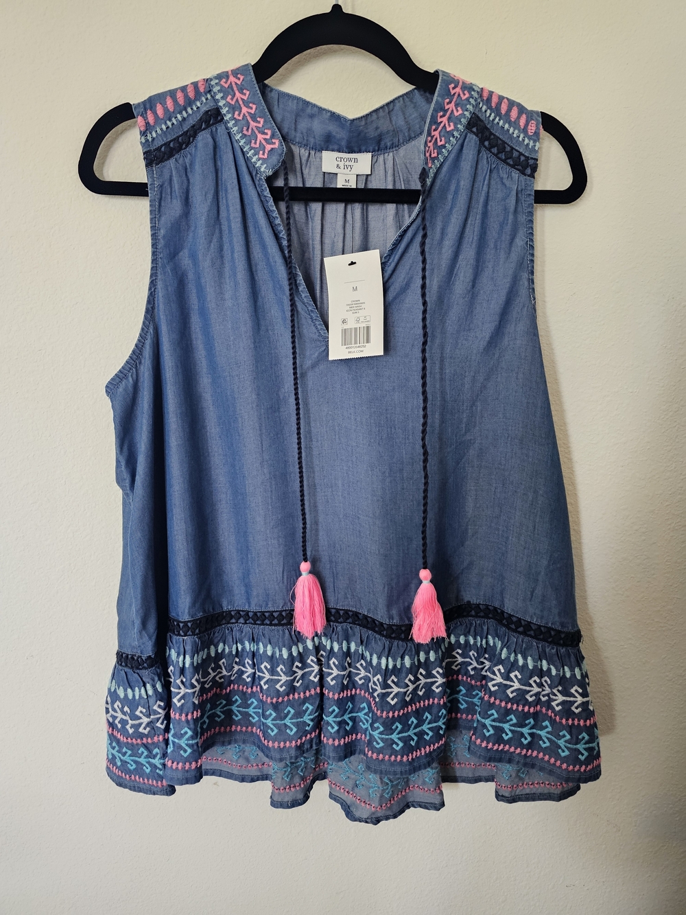 crown & ivy Light Blue Chambray Tank with Pink Tassels and Multicolor Embroidery
